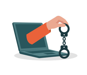 Laptop with handcuffs emerging, symbolizing cyber crime and online arrest concept. Fraud prevention, digital law and cyber security illustration.