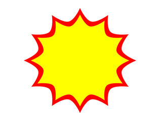 Yellow starburst shape with red outline for sale badge, discount label, promotion sticker, advertisement highlight, and graphic design element