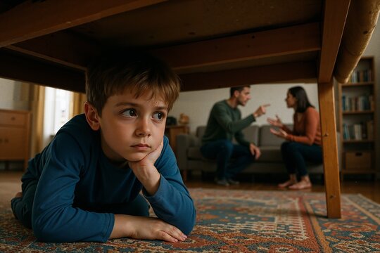Sad little boy hiding under the bed while his parents are quarreling in the background of the living room