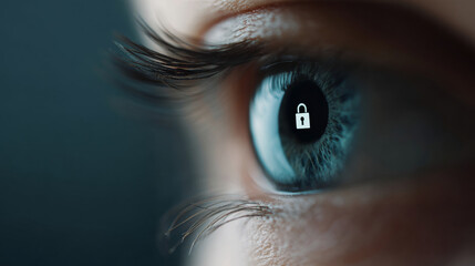 A close up of a woman's eye with an icon in the pupil representing security and privacy settings on digital devices