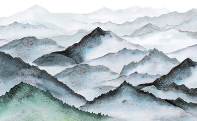 Watercolor illustration of panoramic view of the blue mountains, party design and winter wedding