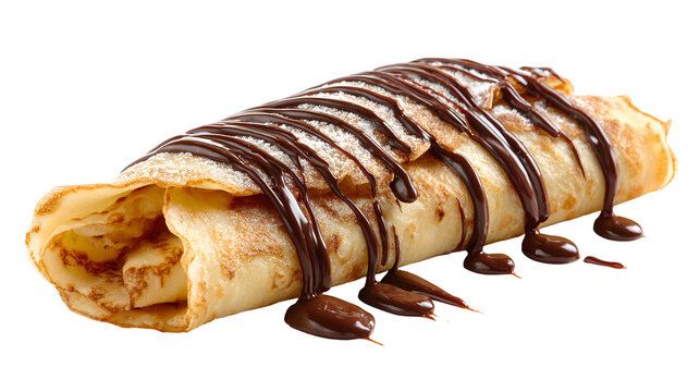 Delicious rolled crepe filled with cream and drizzled with chocolate sauce