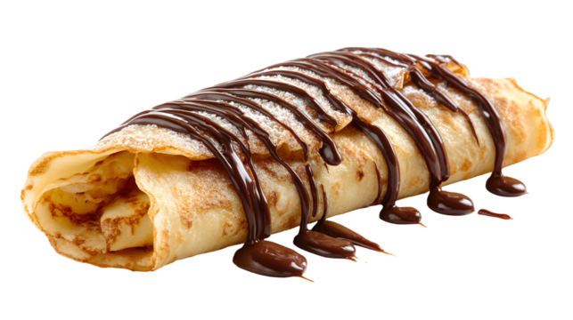 Delicious rolled crepe filled with cream and drizzled with chocolate sauce
