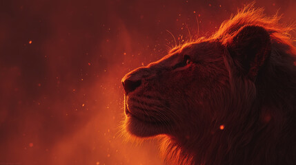 Naklejka premium Majestic lion surrounded by blazing flames — powerful fantasy concept symbolizing strength, courage, leadership, and energy. Perfect for motivational posters, album covers, or conceptual digital art