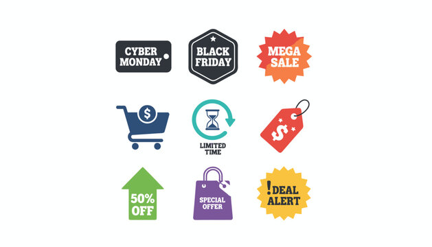 Black Friday and Cyber Monday Sale Icons for Holiday Shopping Promotions, Mega Sales and Limited Time Special Offers - Powered by Adobe