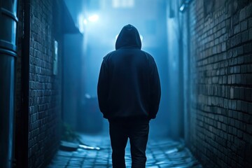 Person standing alleyway night is wearing black hoodie Man in hood following