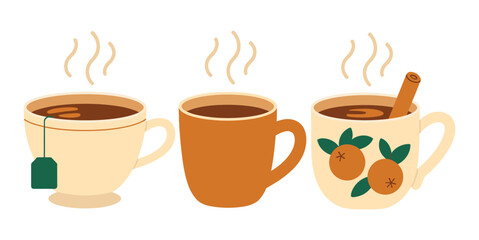 Obraz premium Autumn hot drink scene featuring three mugs in warm tones, seasonal cozy beverage illustration for fall decorations, kitchen design, and seasonal artwork