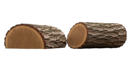 Sawn logs show annual rings and bark texture against a dark backdrop