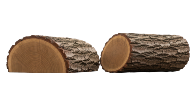 Sawn logs show annual rings and bark texture against a dark backdrop