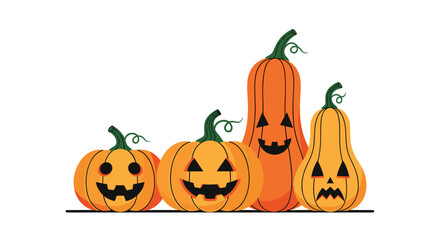 A cheerful collection of four jack-o'-lanterns with varying shapes and sizes, all carved with classic spooky faces, perfect for halloween decorations.