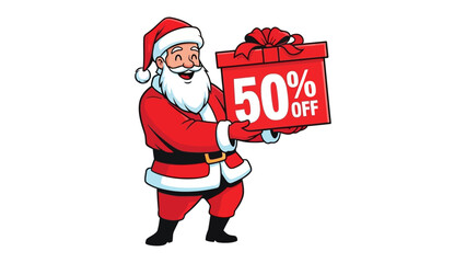 Santa's Gift of Deals: Santa Claus, the symbol of festive cheer, joyfully presents a gift box emblazoned with 50% OFF, promising savings and holiday happiness.