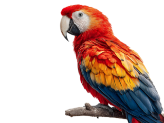 Vibrant scarlet macaw parrot perched on a branch against a black background