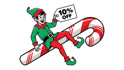 Holiday Elf Offer: An animated elf with a cheerful disposition, perched atop a candy cane, excitedly offers a tempting discount of 10% off.