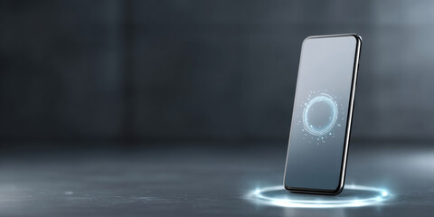 A smartphone with a glowing circle on its screen is standing upright and emitting light from the base, suggesting it's powered up or charging.