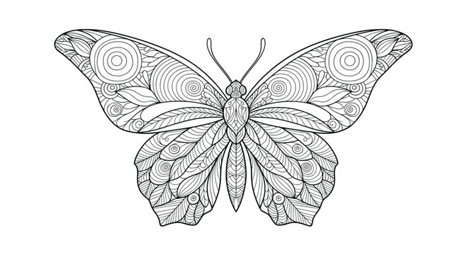 Intricate black and white butterfly illustration with detailed zen-tangle inspired wing patterns, perfect for coloring pages or decorative designs.