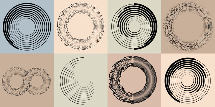 Art composition with lines in circle and semi circle shapes .Modern art design .Neutral color stripes .Transition speed lines. Geometric shape. Wall art
