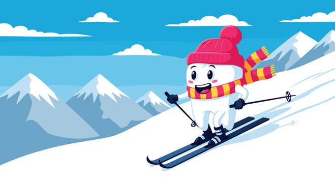 A cheerful cartoon tooth character joyfully skis down a snowy mountain slope under a bright blue winter sky, promoting dental health and seasonal fun.