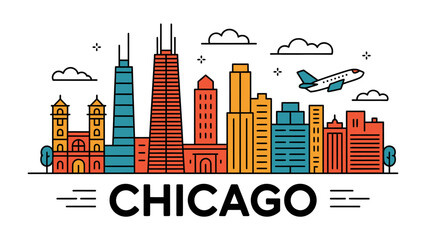 Chicago Skyline Illustration: A vibrant illustration showcasing the iconic cityscape of Chicago, with its towering skyscrapers, stylized design, and a plane flying overhead.