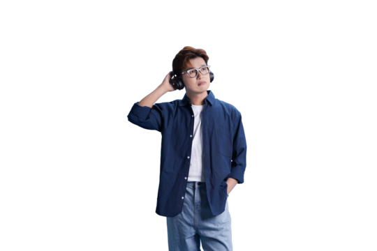 Dreamy Melodies: A young person with glasses listens intently to music, lost in thought. headphones convey sound experience