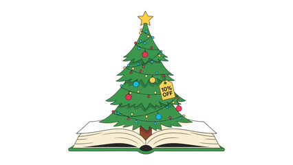 Bookish Festive Cheer: A vibrant Christmas tree, adorned with twinkling lights and ornaments, emerges from the pages of an open book, symbolizing the joy of reading and the holiday season.