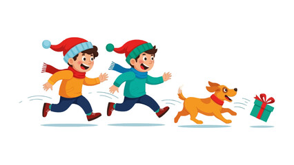 Joyful Pursuit of Presents: Two excited children with their playful dog racing towards a festive gift box, evoking the spirit of holiday cheer and anticipation.