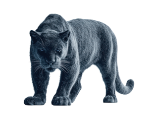 Sleek black panther strides forward, low to the ground against a dark backdrop
