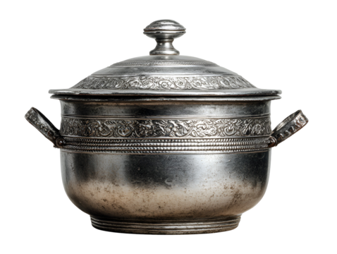 Antique ornate silver lidded serving bowl with decorative handles and intricate patterns
