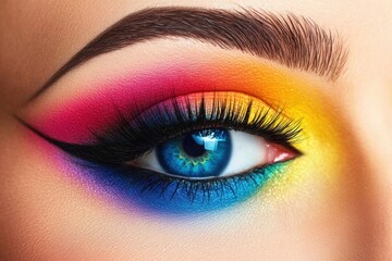 Obraz premium Close-up person eye colorful makeup look blue iris Woman's with rainbow