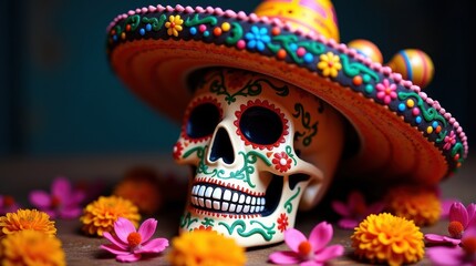 Vibrant Day of the Dead skull adorned with colorful sombrero and maracas, surrounded by festive flowers