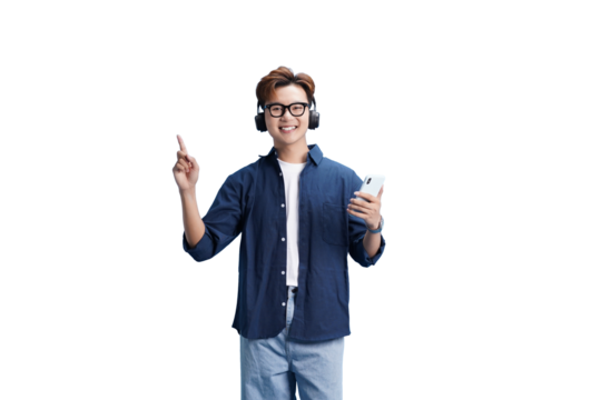 Melody and Direction: A stylish individual, immersed in music via headphones, gestures upwards with one hand while holding a smartphone. It shows technological connection with direction.