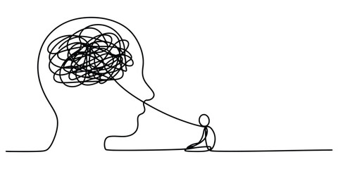 Continuous line drawing of a head with tangled thoughts and a small figure vector