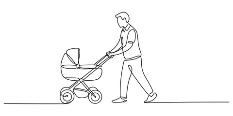 Single line drawing of a person pushing a baby stroller with minimalist style vector