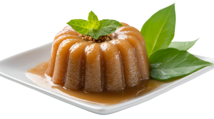 Glistening caramel bundt cake dessert with fresh mint leaves and greenery