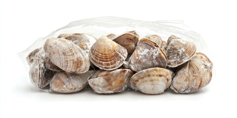 A clear plastic bag filled with frozen mussels rests on a white surface. The mussels are tightly packed together, their shells displaying a range of brown, beige, and white patterns. 