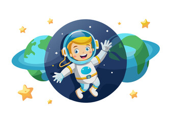 A 3D cartoon boy astronaut floating in space with big helmet and stars around, waving happily with Earth in the background, dreamy and inspiring