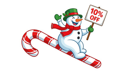 Snowman on Candy Cane with Discount: An endearing snowman, adorned with a festive hat and scarf, glides joyfully down a candy cane, offering a enticing discount.