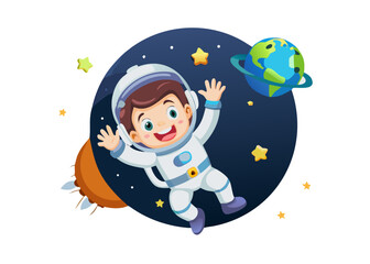 Naklejka premium A 3D cartoon boy astronaut floating in space with big helmet and stars around, waving happily with Earth in the background, dreamy and inspiring
