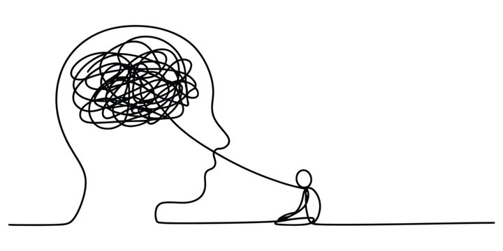 Continuous line drawing of a head with tangled thoughts and a small figure vector