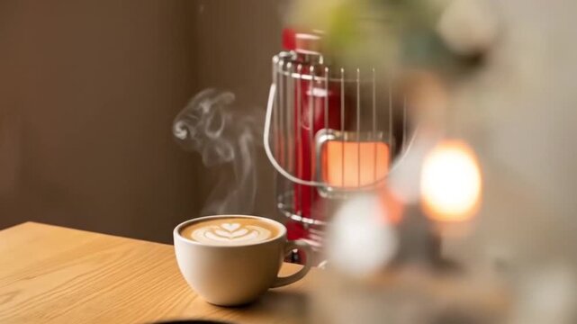 湯気が立ち上るラテとレトロなストーブのある冬の朝