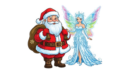 Santa and Ice Fairy: Santa Claus stands beside a radiant ice fairy, in this whimsical depiction. The pair creates a scene filled with enchantment, fantasy and holiday magic.