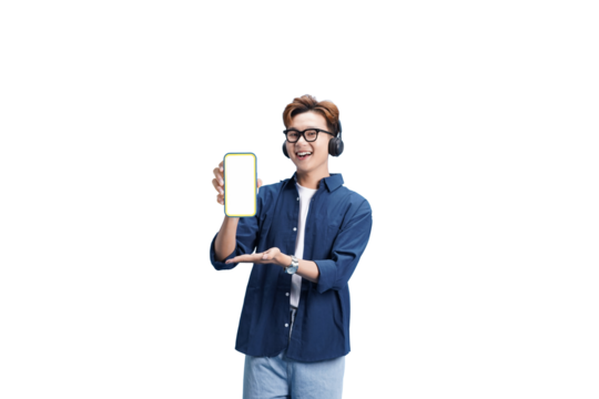 Modern tech demonstrator: A stylish individual, immersed in a world of tech and innovation, proudly presents a mobile device with a clear screen.