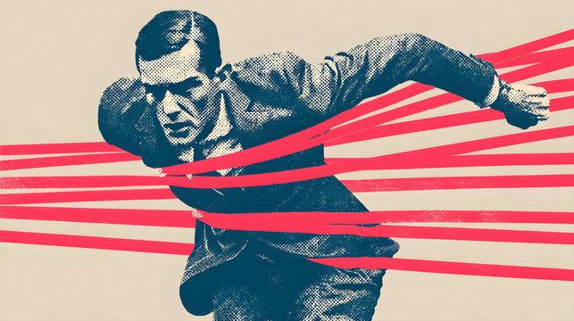 Businessman breaking free from red tape restriction concept