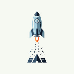 A stylized, light blue rocket ship blasting off with orange flames and a trail of stars against a plain, light grey background, with a dark blue triangle logo at the base