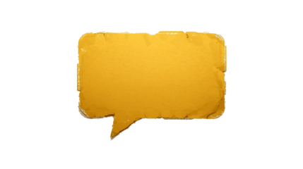 A digital illustration of yellow speech bubble with a textured, torn paper effect.
