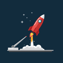 A retro red rocket launching into space with stars and smoke, symbolizing a new beginning or project start