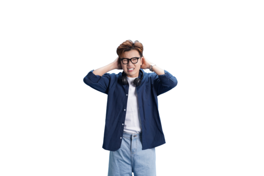 Serene Sounds: A young man is completely absorbed by the melody he is listening to through his headphones, eyes closed, lost in the music. 