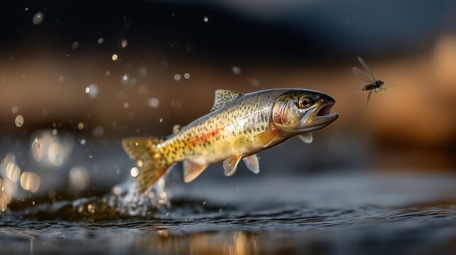 Une truite tachet&eacute;e bondit hors de l'eau pour attraper une mouche