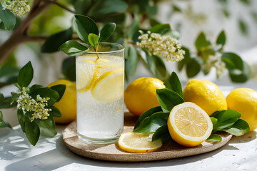 Fototapeta premium Sunlit Botanical Still Life with Sparkling Lemonade and Fresh Citrus Fruits