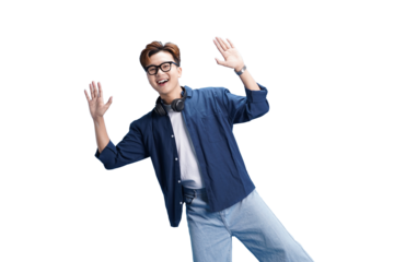Cheerful Youth in Casual Attire: A young, vibrant individual radiates positivity, embracing the moment with arms wide open, embodying joy and optimism.
