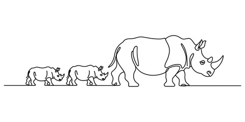 Elegant continuous line drawing of a rhinoceros family walking together vector